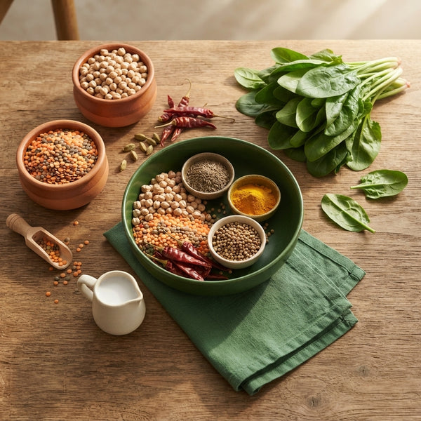 A selection of fresh, affordable pantry staples and vegetables arranged on a wooden table, representing budget-friendly ingre