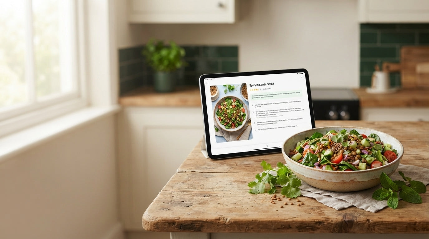 A modern kitchen setting with a tablet showing healthy recipes next to a bowl of fresh food, with soft lighting and empty spa