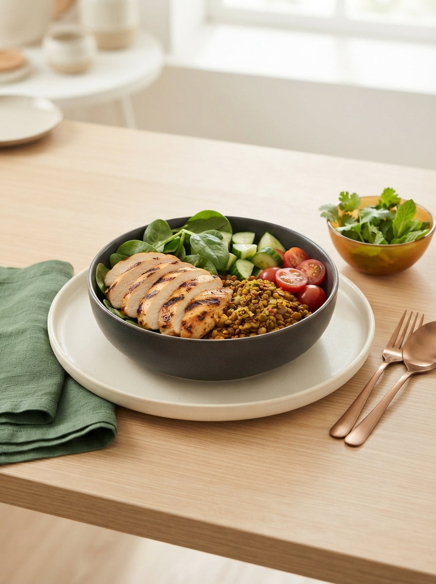 A vibrant high-protein Indian meal bowl with grilled chicken and lentils served on a minimalist ceramic plate.